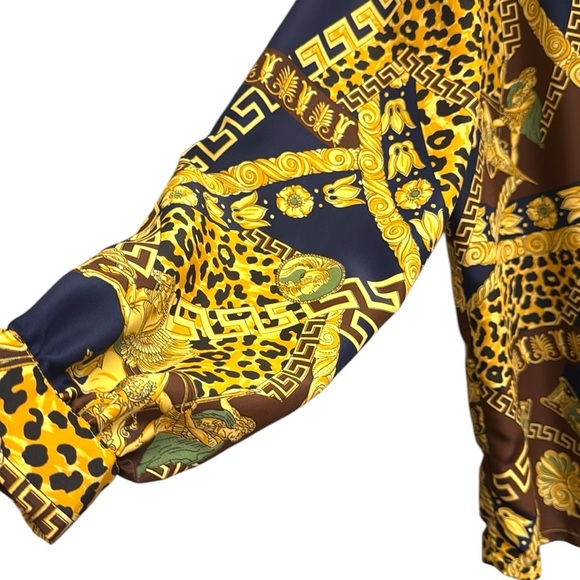 Vintage 80’s Baroque Animal Print Scarf Blouse Gold & Navy Opulent Abstract 14 - Picture 2 of 14